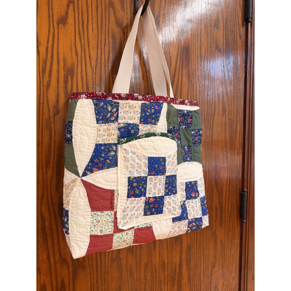 Handmade Quilted Tote Bag Vintage Maroon Binding Floral Cottagecore Shoulder Bag